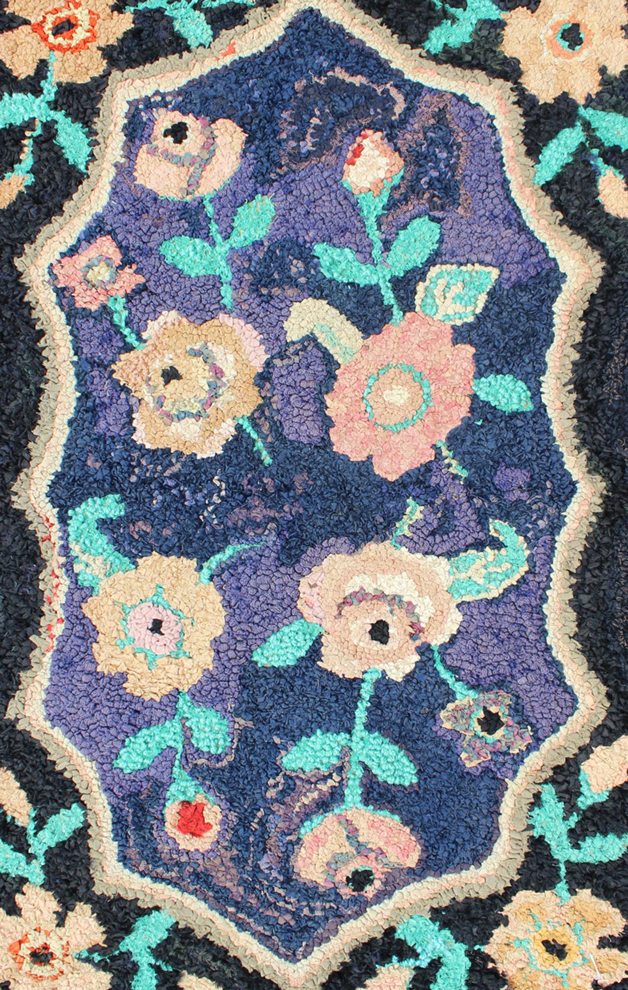American Hooked Rug in Floral Pattern With Medallion on Purple/Blue, Black. Keivan Woven Arts - Antique American hooked rug with purple and black background, rug S12 - 1204, country of origin / type: United States / Hooked, circa 1940 Ingenious... - Keivan Woven ArtsS12 - 1204 - 4064Rug
