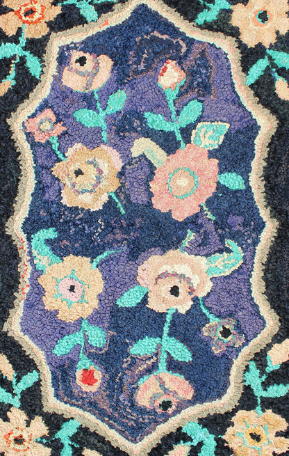 American Hooked Rug in Floral Pattern With Medallion on Purple/Blue, Black. Keivan Woven Arts - Antique American hooked rug with purple and black background, rug S12 - 1204, country of origin / type: United States / Hooked, circa 1940 Ingenious... - Keivan Woven ArtsS12 - 1204 - 4064Rug