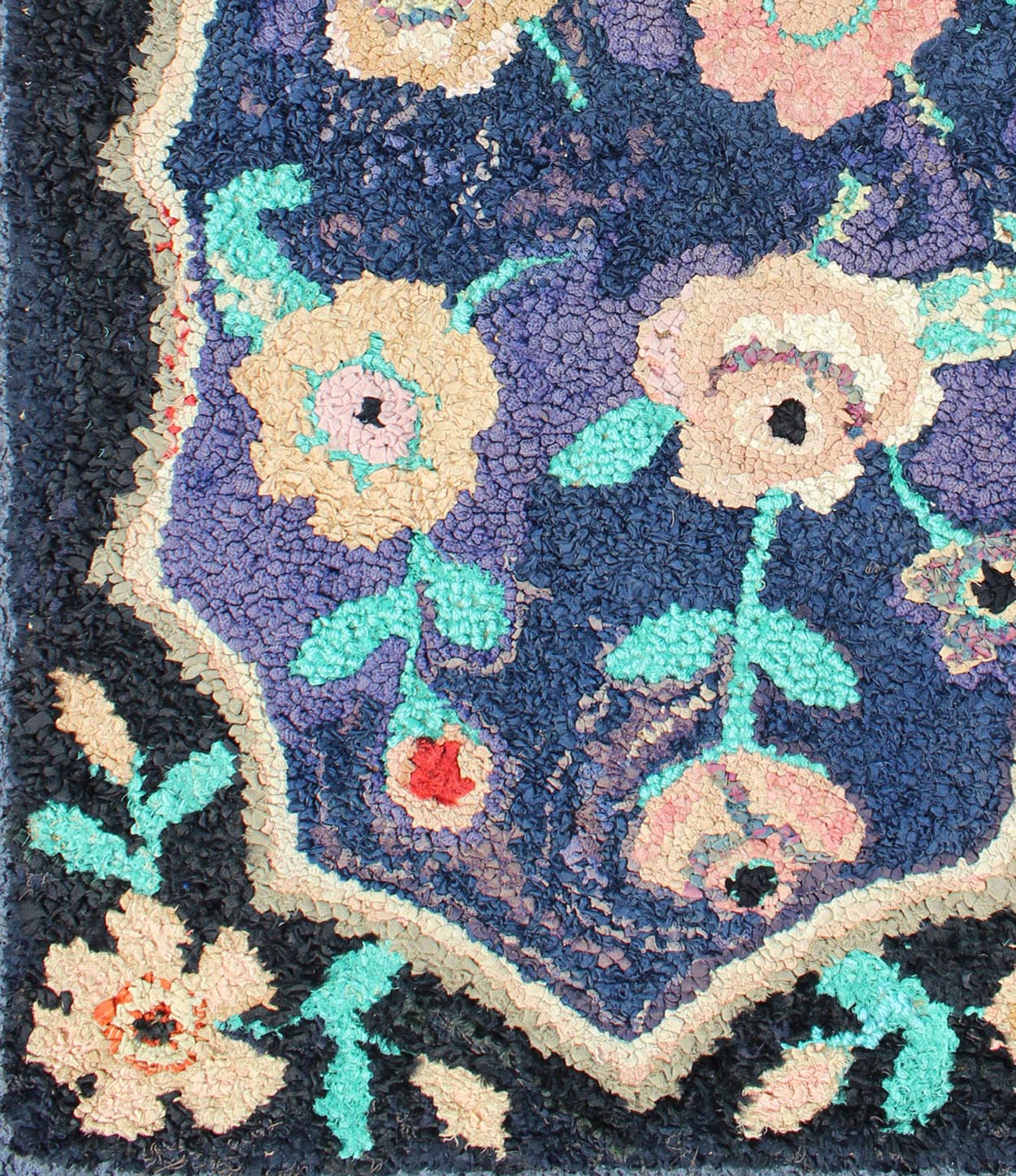 American Hooked Rug in Floral Pattern With Medallion on Purple/Blue, Black. Keivan Woven Arts - Antique American hooked rug with purple and black background, rug S12 - 1204, country of origin / type: United States / Hooked, circa 1940 Ingenious... - Keivan Woven ArtsS12 - 1204 - 4064Rug
