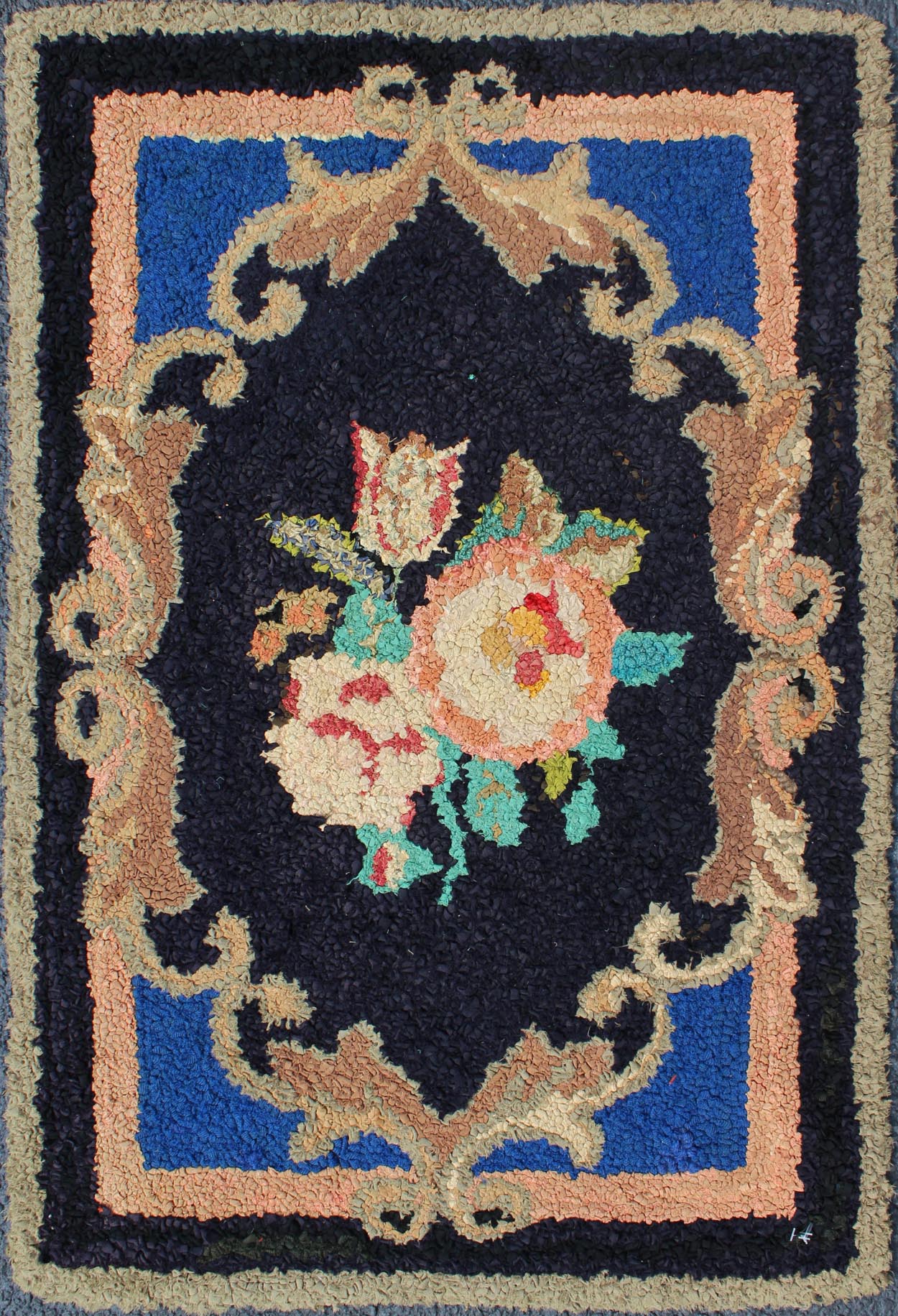 Antique American Hooked Rug With Large Floral Medallion In Black Background. This beautiful antique American Hook rug sets on black background with large floral medallion. Antique American hooked rug , rug S12 - 1205, country of origin / type: United ... - Keivan Woven ArtsS12 - 1205 - 4060Rug