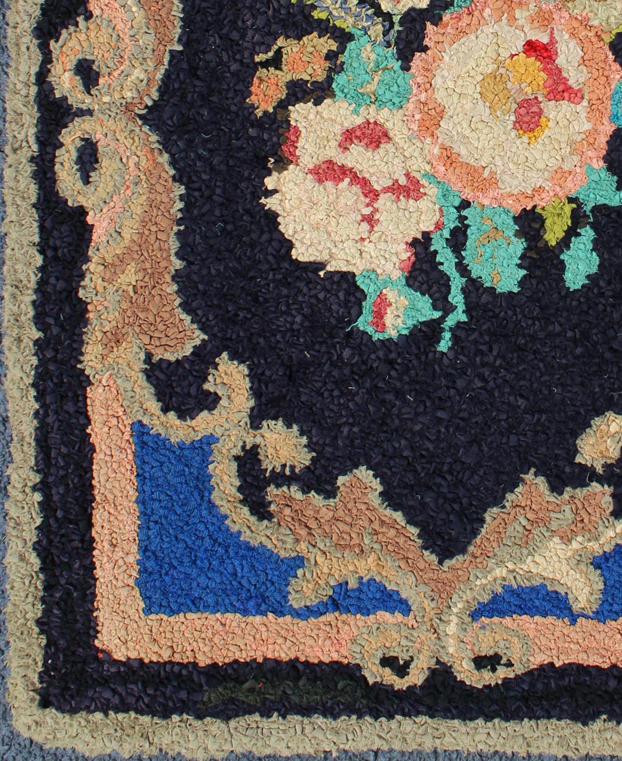 Antique American Hooked Rug With Large Floral Medallion In Black Background. This beautiful antique American Hook rug sets on black background with large floral medallion. Antique American hooked rug , rug S12 - 1205, country of origin / type: United ... - Keivan Woven ArtsS12 - 1205 - 4060Rug