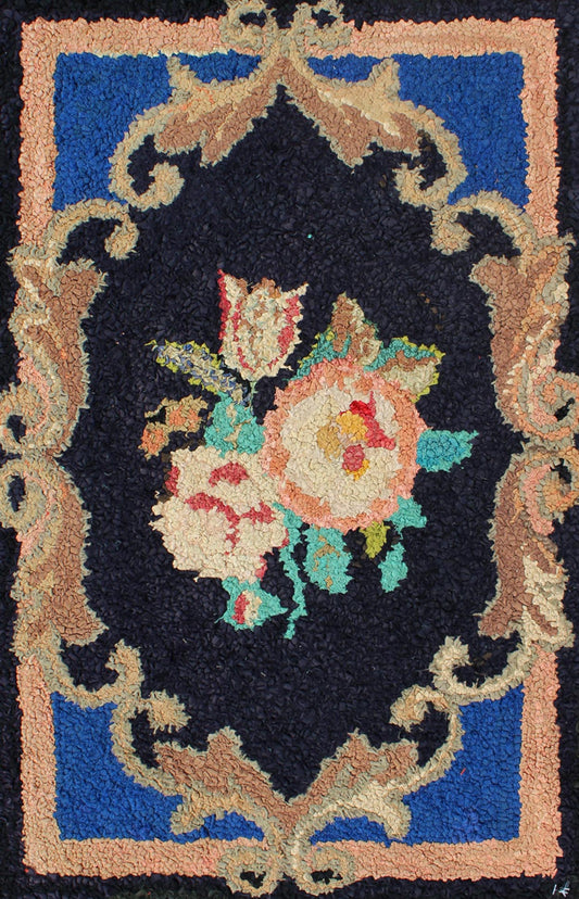 Antique American Hooked Rug With Large Floral Medallion In Black Background. This beautiful antique American Hook rug sets on black background with large floral medallion. Antique American hooked rug , rug S12 - 1205, country of origin / type: United ... - Keivan Woven ArtsS12 - 1205 - 4060