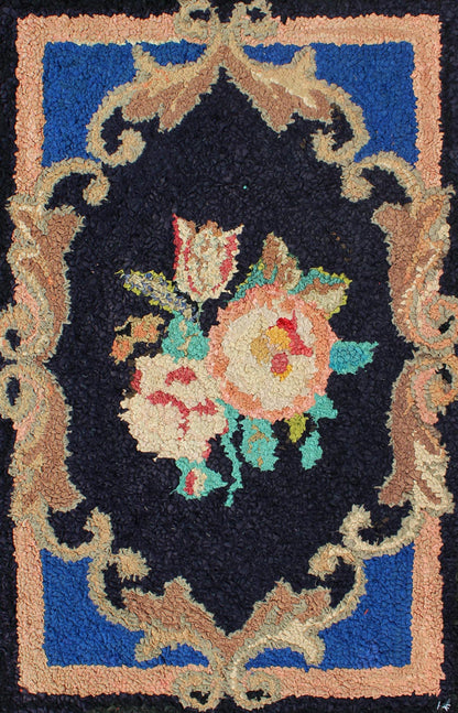 Antique American Hooked Rug With Large Floral Medallion In Black Background. This beautiful antique American Hook rug sets on black background with large floral medallion. Antique American hooked rug , rug S12 - 1205, country of origin / type: United ... - Keivan Woven ArtsS12 - 1205 - 4060Rug