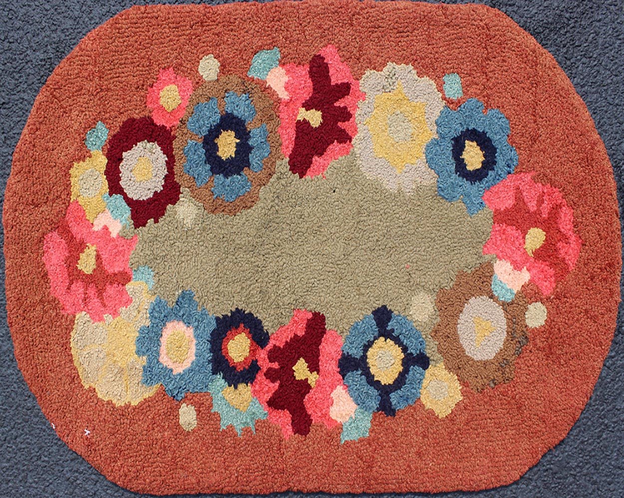 Vintage Oval American Hooked Rug With Large Flower Design Keivan Woven Arts - Oval shape American Hooked rug with large flower design, rug S12 - 1206, country of origin / type: United States / Hooked, circa 1950 This colorful American Hooked rug... - Keivan Woven ArtsS12 - 1206 - 4056Rug
