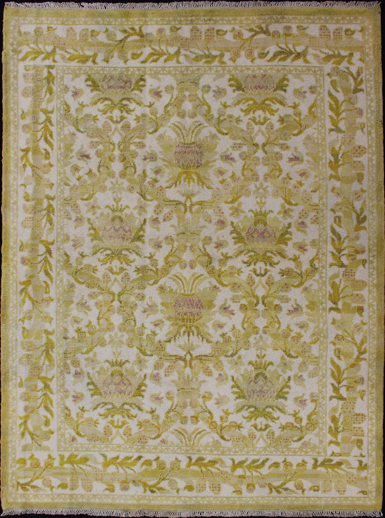Elegant Spanish Rug with Floral Design in Golden - Green, Acid Green and White. Keivan Woven Arts / rug S12 - 1207, country of origin / type: Spain / Arts and Crafts, circa 1930 This elegant vintage Spanish carpet (circa 1950) is the proud heir to a... - Keivan Woven ArtsS12 - 1207 - 3960Rug