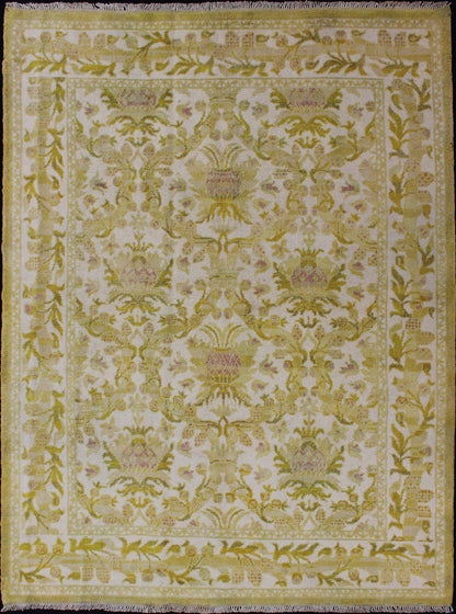 Elegant Spanish Rug with Floral Design in Golden - Green, Acid Green and White. Keivan Woven Arts / rug S12 - 1207, country of origin / type: Spain / Arts and Crafts, circa 1930 This elegant vintage Spanish carpet (circa 1950) is the proud heir to a... - Keivan Woven ArtsS12 - 1207 - 3960Rug