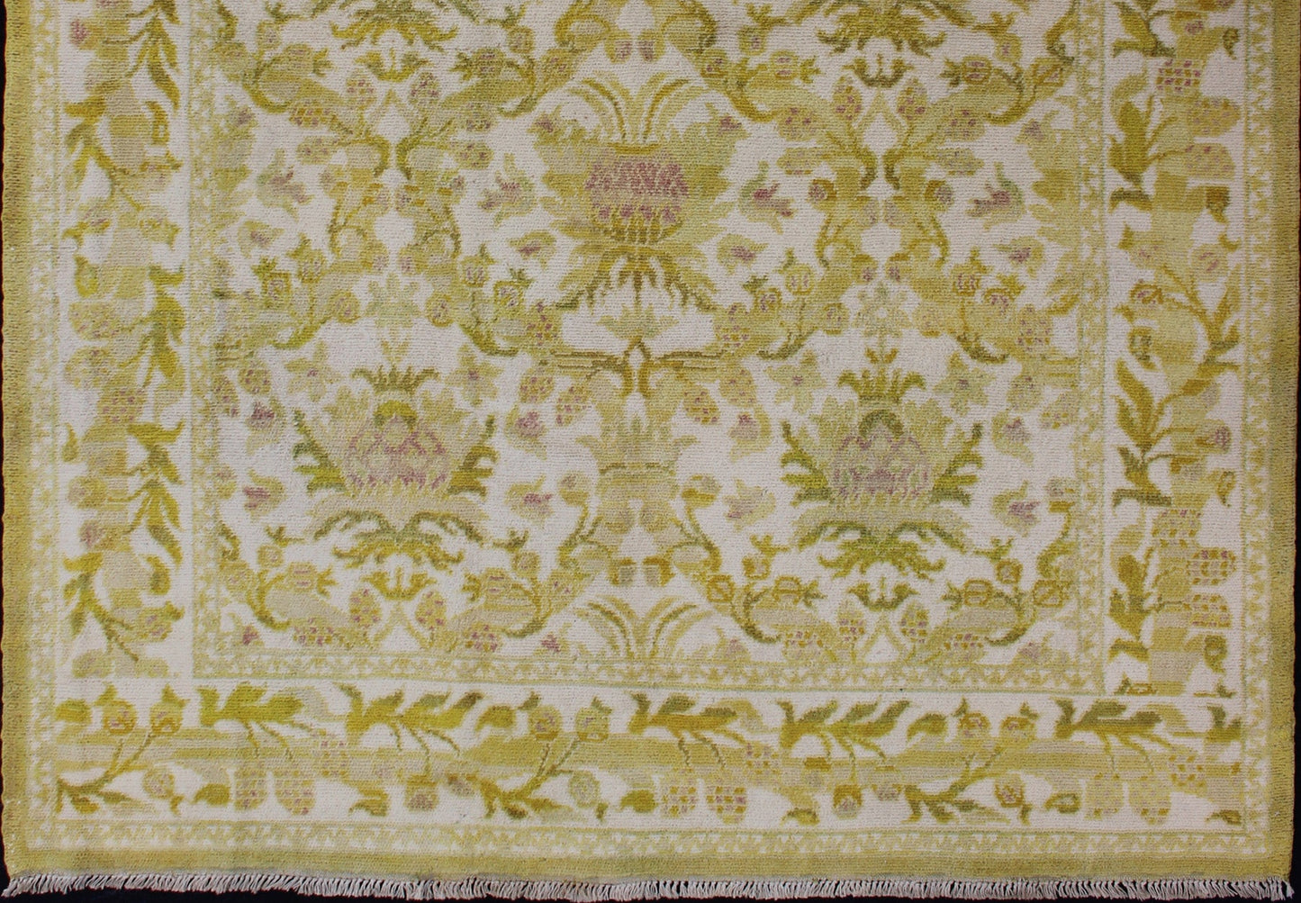Elegant Spanish Rug with Floral Design in Golden - Green, Acid Green and White. Keivan Woven Arts / rug S12 - 1207, country of origin / type: Spain / Arts and Crafts, circa 1930 This elegant vintage Spanish carpet (circa 1950) is the proud heir to a... - Keivan Woven ArtsS12 - 1207 - 3960Rug