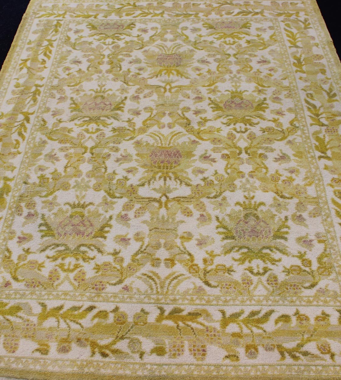 Elegant Spanish Rug with Floral Design in Golden - Green, Acid Green and White. Keivan Woven Arts / rug S12 - 1207, country of origin / type: Spain / Arts and Crafts, circa 1930 This elegant vintage Spanish carpet (circa 1950) is the proud heir to a... - Keivan Woven ArtsS12 - 1207 - 3960Rug
