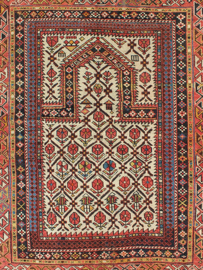 Antique Shirvan Prayer Rug with All - Over Floral Design and Geometric Borders. Keivan Woven Arts / rug S12 - 1208, country of origin / type: Caucus / Caucasian, circa 1890 Measures: 3'2 x 3'11. This colorful floral - design antique Caucasian Shirvan p... - Keivan Woven ArtsS12 - 1208 - 5355Rug