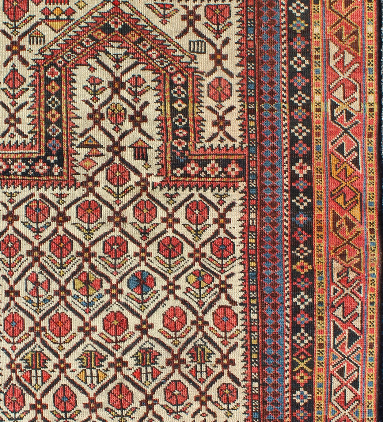 Antique Shirvan Prayer Rug with All - Over Floral Design and Geometric Borders. Keivan Woven Arts / rug S12 - 1208, country of origin / type: Caucus / Caucasian, circa 1890 Measures: 3'2 x 3'11. This colorful floral - design antique Caucasian Shirvan p... - Keivan Woven ArtsS12 - 1208 - 5355Rug