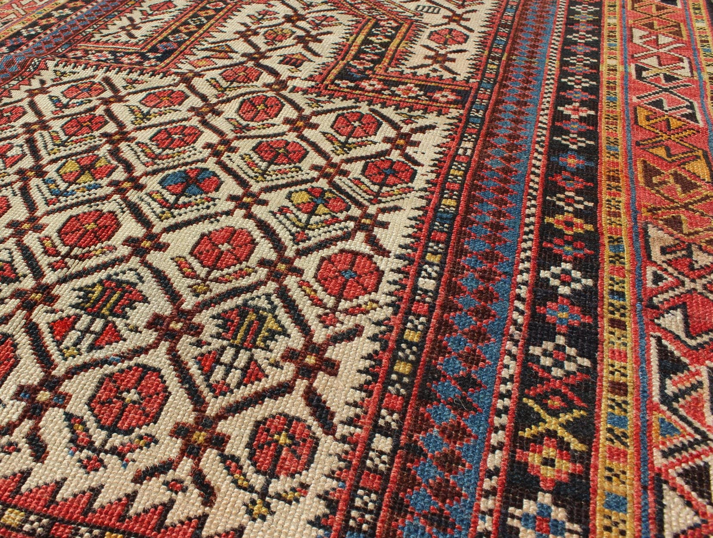 Antique Shirvan Prayer Rug with All - Over Floral Design and Geometric Borders. Keivan Woven Arts / rug S12 - 1208, country of origin / type: Caucus / Caucasian, circa 1890 Measures: 3'2 x 3'11. This colorful floral - design antique Caucasian Shirvan p... - Keivan Woven ArtsS12 - 1208 - 5355Rug