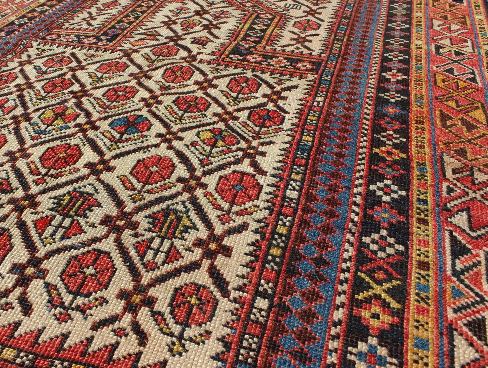 Antique Shirvan Prayer Rug with All - Over Floral Design and Geometric Borders. Keivan Woven Arts / rug S12 - 1208, country of origin / type: Caucus / Caucasian, circa 1890 Measures: 3'2 x 3'11. This colorful floral - design antique Caucasian Shirvan p... - Keivan Woven ArtsS12 - 1208 - 5355Rug