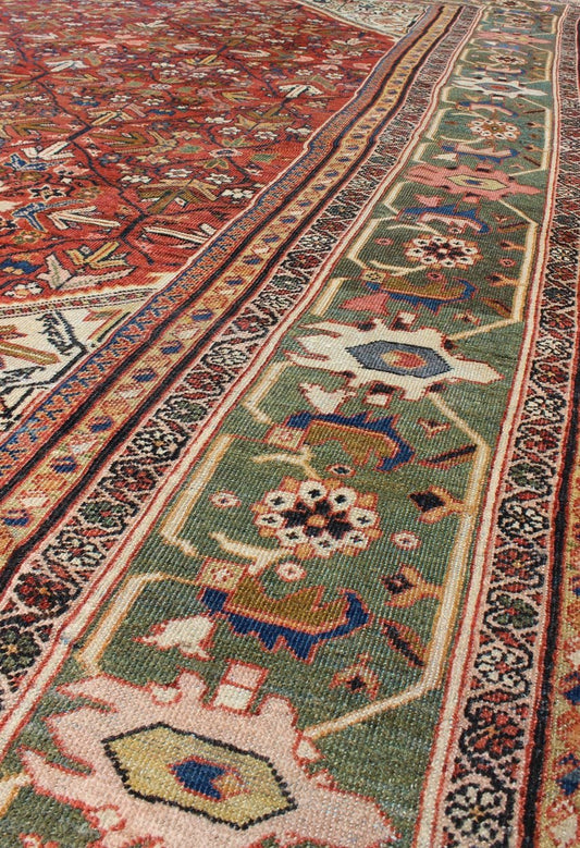 Antique Persian Sultanabad Rug The expansive terra - cotta red background of this piece consists of an intricate all - over design surrounded by a wide green border with ample motifs. Delicate vine - scrolls and sub - geometric elements emphasize the ae... - Keivan Woven ArtsS12 - 1212 - 4720