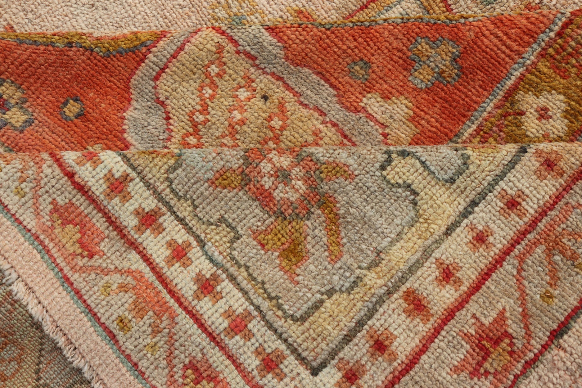 This large late 19th Century Antique Turkish Oushak Rug displays a colorful palette in Salmon, Green, pink, Yellow, Orange, cream, red, Antique Oushak, Keivan Woven Arts; rug S12 - 1213, Country of Origin: Turkey Type: Antique Oushak Design: Floral, Sub - ... - Keivan Woven ArtsS12 - 1213 - 3988Rug