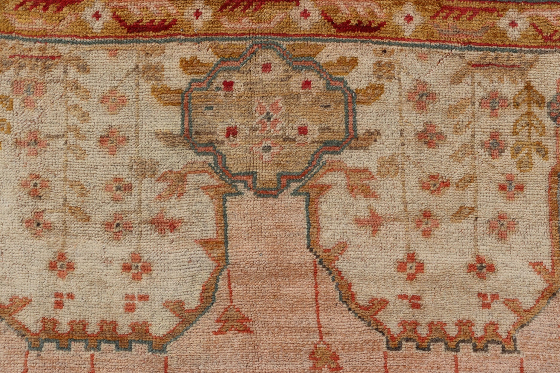 This large late 19th Century Antique Turkish Oushak Rug displays a colorful palette in Salmon, Green, pink, Yellow, Orange, cream, red, Antique Oushak, Keivan Woven Arts; rug S12 - 1213, Country of Origin: Turkey Type: Antique Oushak Design: Floral, Sub - ... - Keivan Woven ArtsS12 - 1213 - 3988Rug