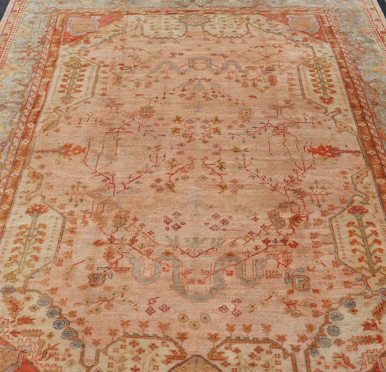 This large late 19th Century Antique Turkish Oushak Rug displays a colorful palette in Salmon, Green, pink, Yellow, Orange, cream, red, Antique Oushak, Keivan Woven Arts; rug S12 - 1213, Country of Origin: Turkey Type: Antique Oushak Design: Floral, Sub - ... - Keivan Woven ArtsS12 - 1213 - 3988Rug
