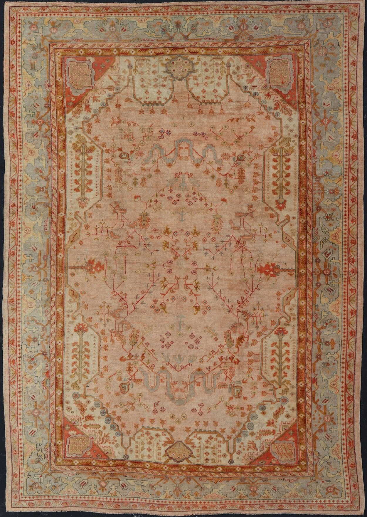 This large late 19th Century Antique Turkish Oushak Rug displays a colorful palette in Salmon, Green, pink, Yellow, Orange, cream, red, Antique Oushak, Keivan Woven Arts; rug S12 - 1213, Country of Origin: Turkey Type: Antique Oushak Design: Floral, Sub - ... - Keivan Woven ArtsS12 - 1213 - 3988Rug