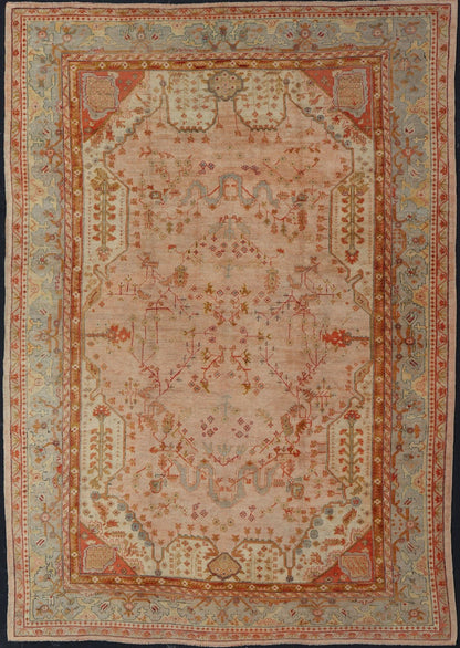 This large late 19th Century Antique Turkish Oushak Rug displays a colorful palette in Salmon, Green, pink, Yellow, Orange, cream, red, Antique Oushak, Keivan Woven Arts; rug S12 - 1213, Country of Origin: Turkey Type: Antique Oushak Design: Floral, Sub - ... - Keivan Woven ArtsS12 - 1213 - 3988Rug