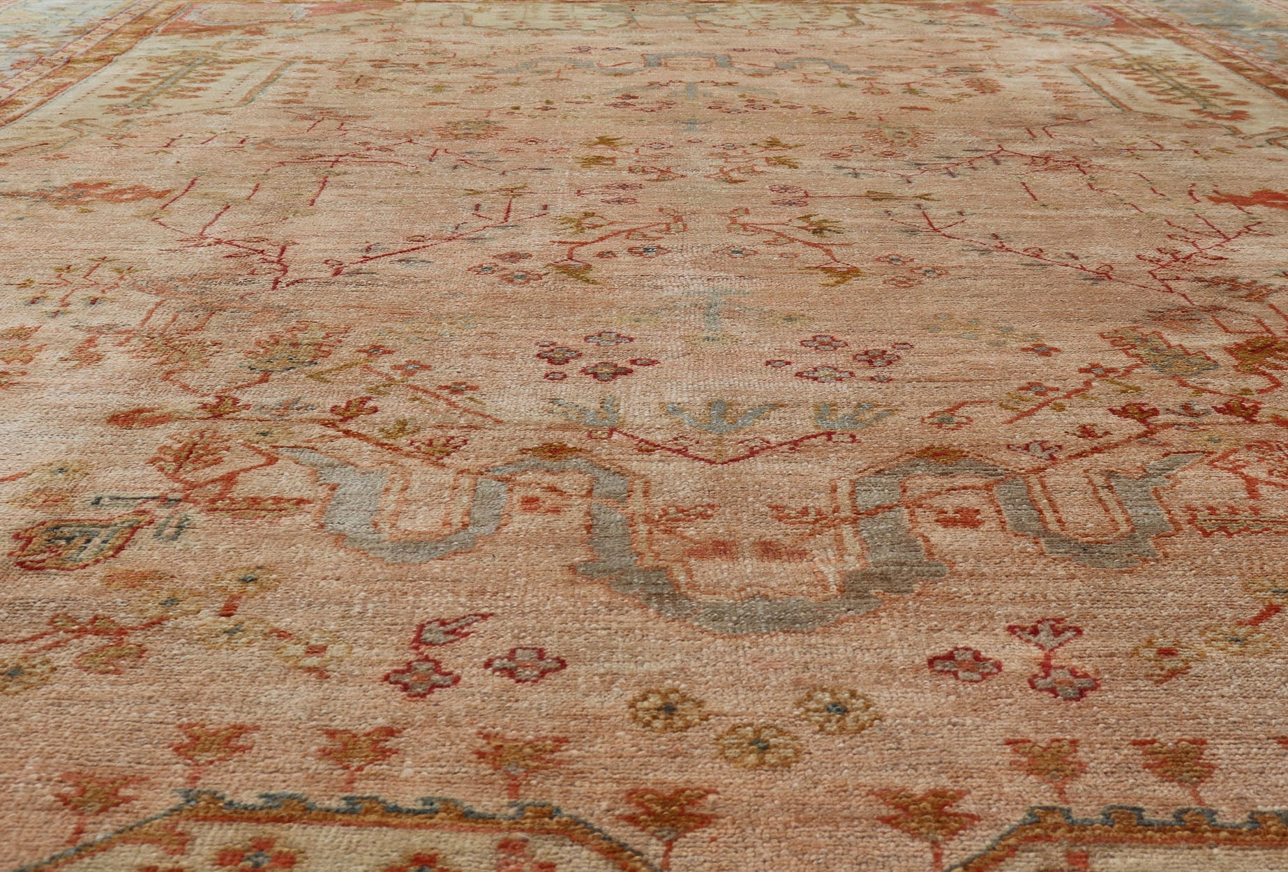 This large late 19th Century Antique Turkish Oushak Rug displays a colorful palette in Salmon, Green, pink, Yellow, Orange, cream, red, Antique Oushak, Keivan Woven Arts; rug S12 - 1213, Country of Origin: Turkey Type: Antique Oushak Design: Floral, Sub - ... - Keivan Woven ArtsS12 - 1213 - 3988Rug