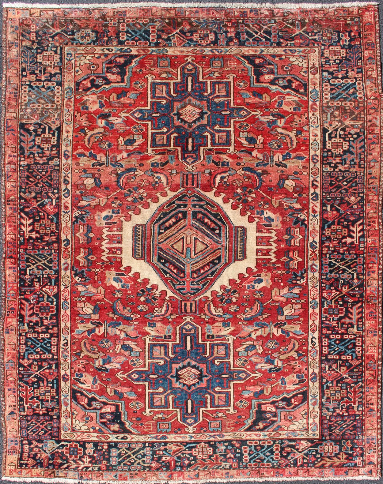 Vintage Persian Heriz with Medallion in Red and Blue 4'10 X 6'2 Keivan Woven Arts, Semi Antique Heriz Rug, Rug / shlly - 1. Vintage Karajeh Heriz Persian Rug with soft red, faded red Red and Blue Rug, Shhly - 1 Measure: 4'10 X 6'2 - Keivan Woven ArtsSHLLY - 1 - 8547Rug