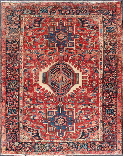 Vintage Persian Heriz with Medallion in Red and Blue 4'10 X 6'2 Keivan Woven Arts, Semi Antique Heriz Rug, Rug / shlly - 1. Vintage Karajeh Heriz Persian Rug with soft red, faded red Red and Blue Rug, Shhly - 1 Measure: 4'10 X 6'2 - Keivan Woven ArtsSHLLY - 1 - 8547Rug