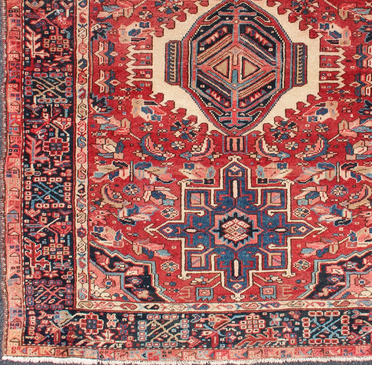 Vintage Persian Heriz with Medallion in Red and Blue 4'10 X 6'2 Keivan Woven Arts, Semi Antique Heriz Rug, Rug / shlly - 1. Vintage Karajeh Heriz Persian Rug with soft red, faded red Red and Blue Rug, Shhly - 1 Measure: 4'10 X 6'2 - Keivan Woven ArtsSHLLY - 1 - 8547Rug