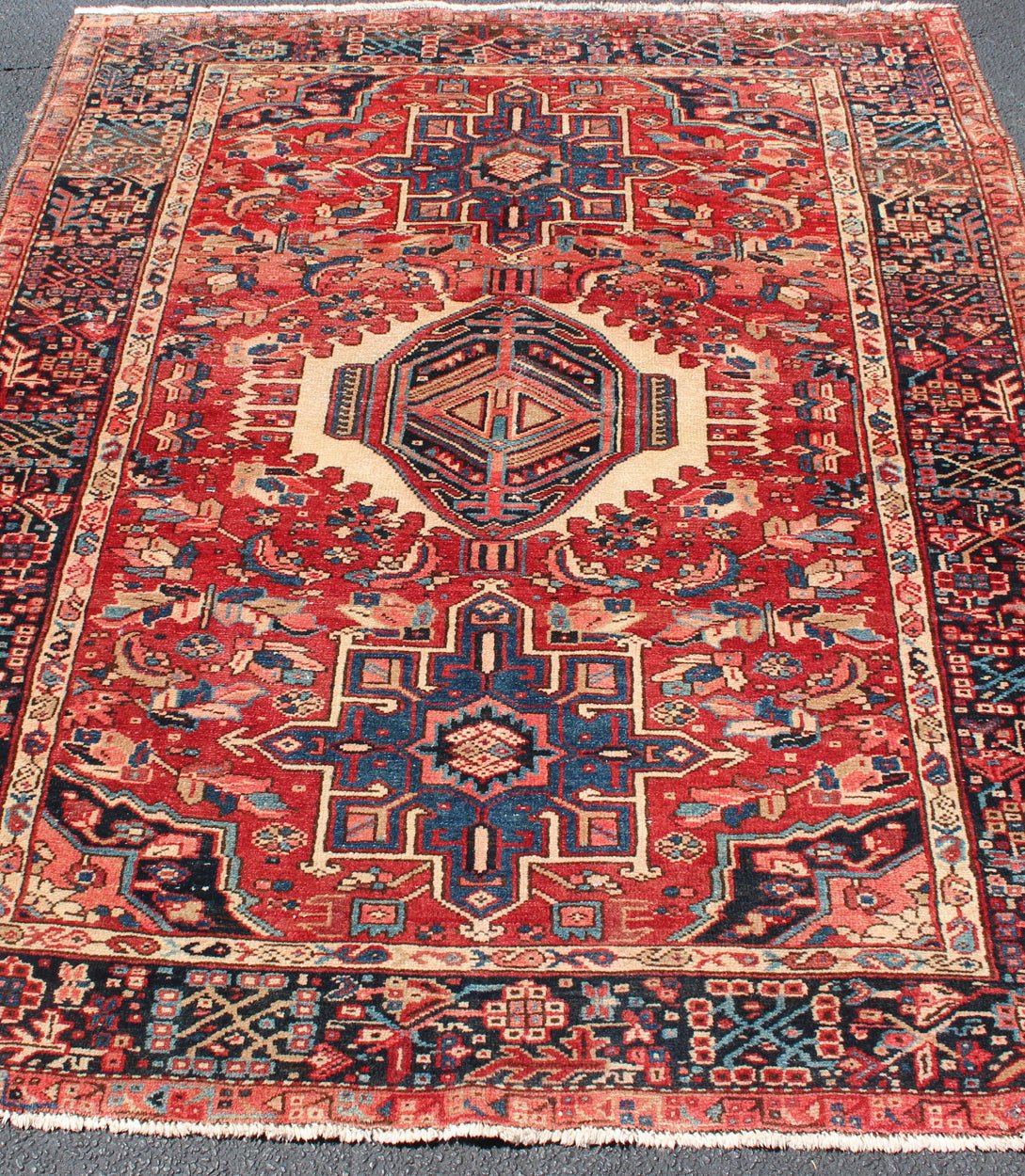 Vintage Persian Heriz with Medallion in Red and Blue 4'10 X 6'2 Keivan Woven Arts, Semi Antique Heriz Rug, Rug / shlly - 1. Vintage Karajeh Heriz Persian Rug with soft red, faded red Red and Blue Rug, Shhly - 1 Measure: 4'10 X 6'2 - Keivan Woven ArtsSHLLY - 1 - 8547Rug