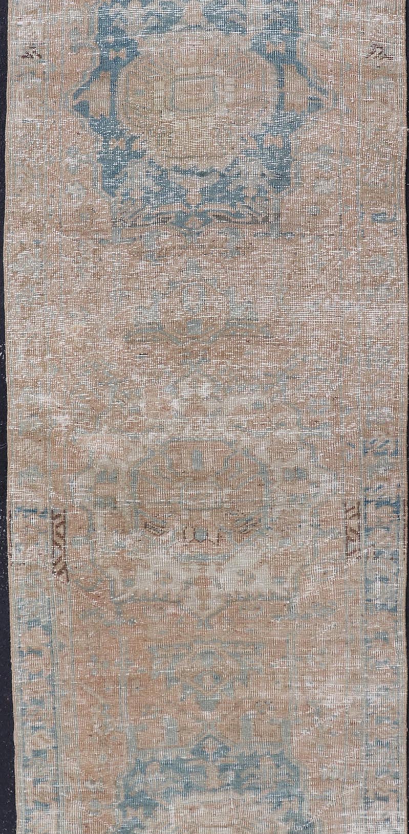 Vintage Persian Heriz Runner with Medallions in Earthy Tones and Light Blue. Keivan Woven Arts / rug SHLLY - 2, country of origin / type: Iran / Heriz, circa mid - 20th century. Measures: 2'11 x 10'0 Vintage Persian Heriz Runner with Medallions i... - Keivan Woven ArtsSHLLY - 2 - 12914Rug