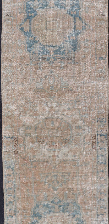 Vintage Persian Heriz Runner with Medallions in Earthy Tones and Light Blue. Keivan Woven Arts / rug SHLLY - 2, country of origin / type: Iran / Heriz, circa mid - 20th century. Measures: 2'11 x 10'0 Vintage Persian Heriz Runner with Medallions i... - Keivan Woven ArtsSHLLY - 2 - 12914Rug