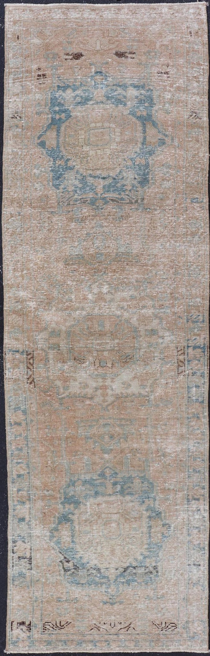 Vintage Persian Heriz Runner with Medallions in Earthy Tones and Light Blue. Keivan Woven Arts / rug SHLLY - 2, country of origin / type: Iran / Heriz, circa mid - 20th century. Measures: 2'11 x 10'0 Vintage Persian Heriz Runner with Medallions i... - Keivan Woven ArtsSHLLY - 2 - 12914Rug