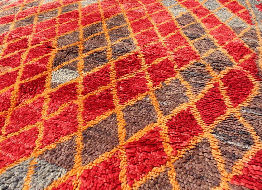 Midcentury Moroccan rug with orange, red, brown diamonds and blue fringe detail. Keivan Woven Arts / rug sk - 628, country of origin / type: Morocco / Tribal, circa mid - 20th century This wonderful vintage Moroccan rug (circa mid - 20th century) feat... - Keivan Woven ArtsSK - 628 - 4078