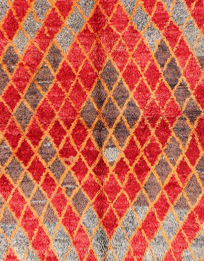 Midcentury Moroccan rug with orange, red, brown diamonds and blue fringe detail. Keivan Woven Arts / rug sk - 628, country of origin / type: Morocco / Tribal, circa mid - 20th century This wonderful vintage Moroccan rug (circa mid - 20th century) feat... - Keivan Woven ArtsSK - 628 - 4078Rug