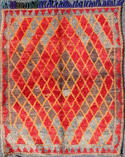 Midcentury Moroccan rug with orange, red, brown diamonds and blue fringe detail. Keivan Woven Arts / rug sk - 628, country of origin / type: Morocco / Tribal, circa mid - 20th century This wonderful vintage Moroccan rug (circa mid - 20th century) feat... - Keivan Woven ArtsSK - 628 - 4078Rug