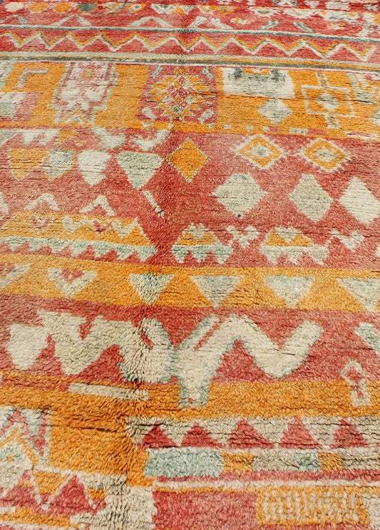 Tribal design vintage Moroccan rug in red, orange, Mint Green, ivory, rug sk - 629, country of origin / type: Morocco / Tribal, circa 1940. This gorgeous vintage Moroccan carpet from the mid - 20th century displays a stunning, all - over geometric pat... - Keivan Woven ArtsSK - 629 - 4084Rug
