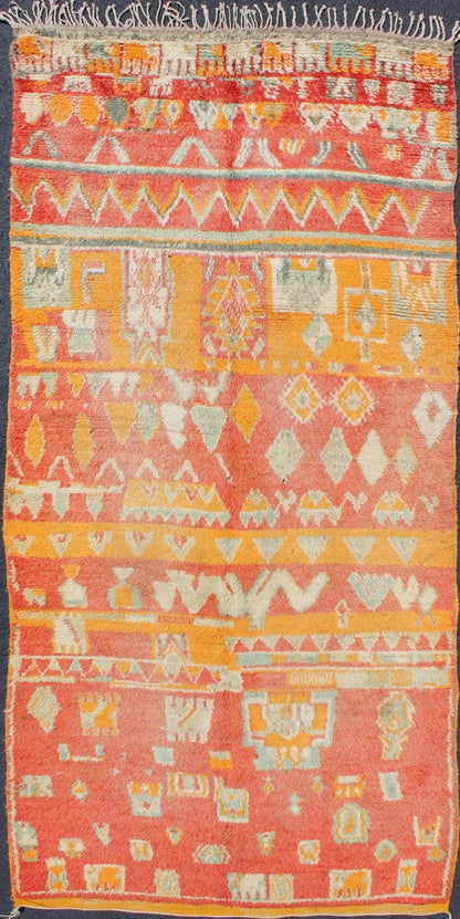 Tribal design vintage Moroccan rug in red, orange, Mint Green, ivory, rug sk - 629, country of origin / type: Morocco / Tribal, circa 1940. This gorgeous vintage Moroccan carpet from the mid - 20th century displays a stunning, all - over geometric pat... - Keivan Woven ArtsSK - 629 - 4084Rug