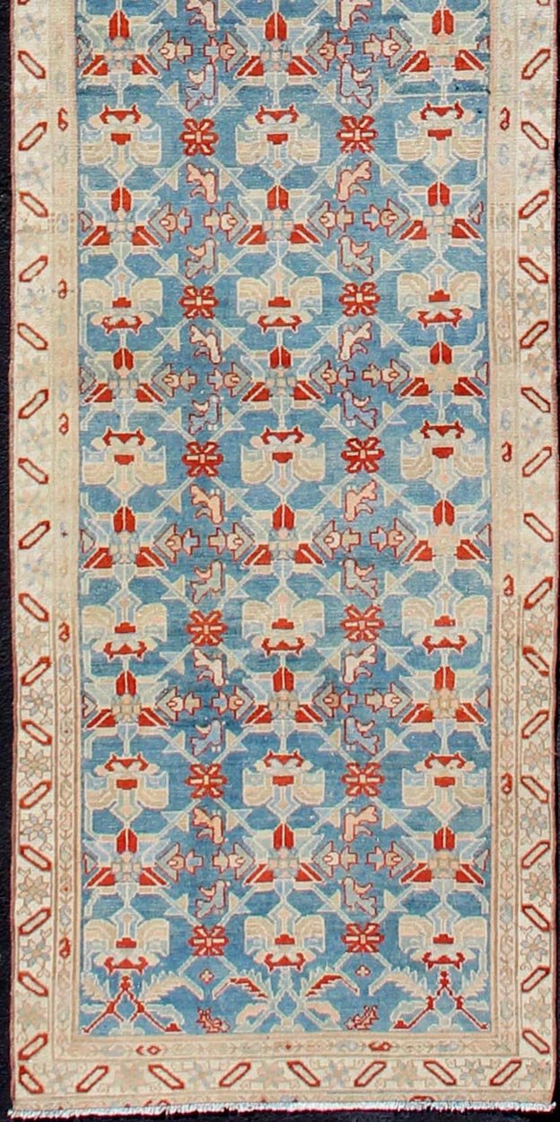 Blue, red, and nude Antique Malayer long runner from Persia with all - over repeating design, rug sk - 7467, country of origin / type: Iran / Malayer, circa 1910.l This magnificent antique Persian Malayer long runner (circa 1910) bears a beautiful, ... - Keivan Woven ArtsSK - 7467 - 11116