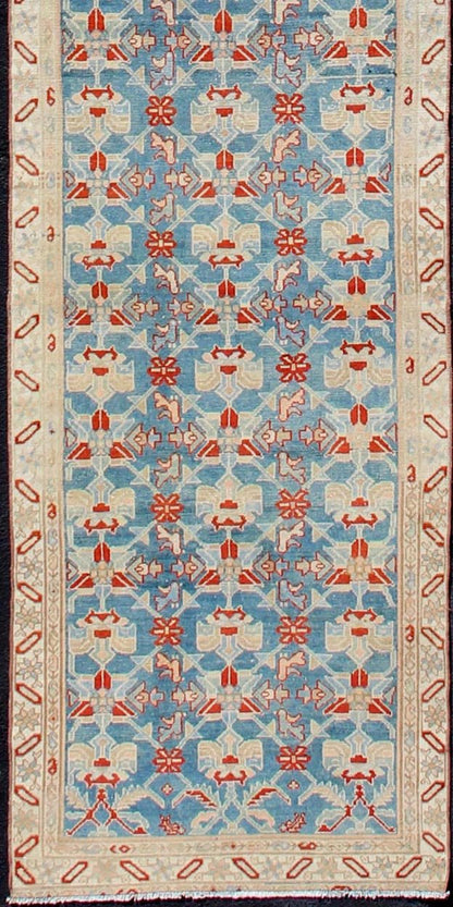 Blue, red, and nude Antique Malayer long runner from Persia with all - over repeating design, rug sk - 7467, country of origin / type: Iran / Malayer, circa 1910.l This magnificent antique Persian Malayer long runner (circa 1910) bears a beautiful, ... - Keivan Woven ArtsSK - 7467 - 11116