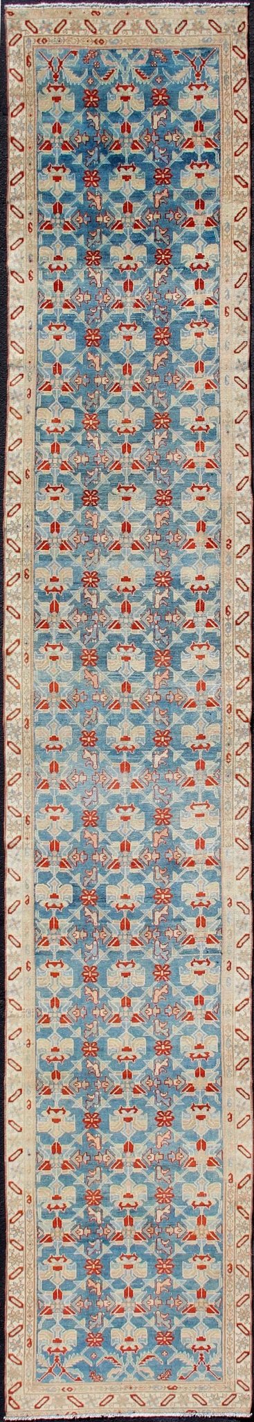 Blue, red, and nude Antique Malayer long runner from Persia with all - over repeating design, rug sk - 7467, country of origin / type: Iran / Malayer, circa 1910.l This magnificent antique Persian Malayer long runner (circa 1910) bears a beautiful, ... - Keivan Woven ArtsSK - 7467 - 11116