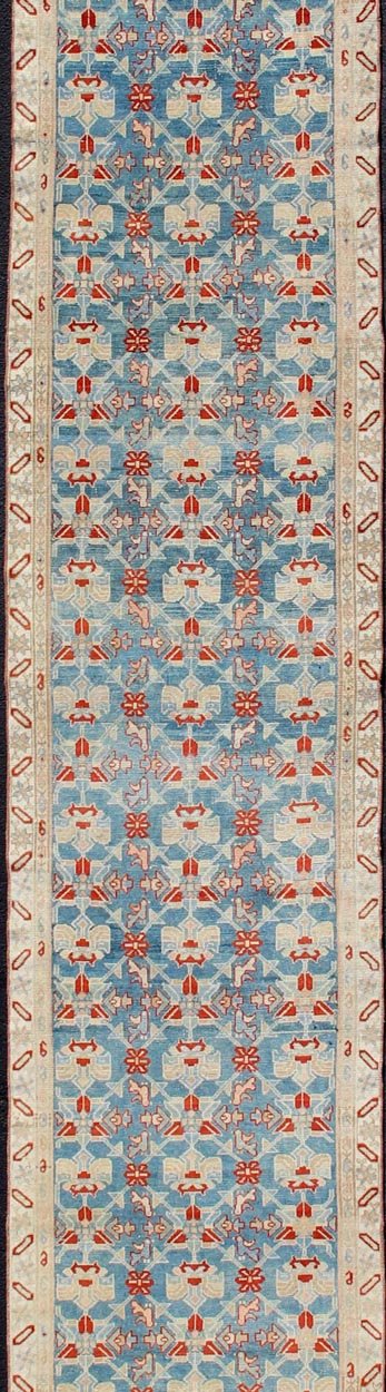 Blue, red, and nude Antique Malayer long runner from Persia with all - over repeating design, rug sk - 7467, country of origin / type: Iran / Malayer, circa 1910.l This magnificent antique Persian Malayer long runner (circa 1910) bears a beautiful, ... - Keivan Woven ArtsSK - 7467 - 11116