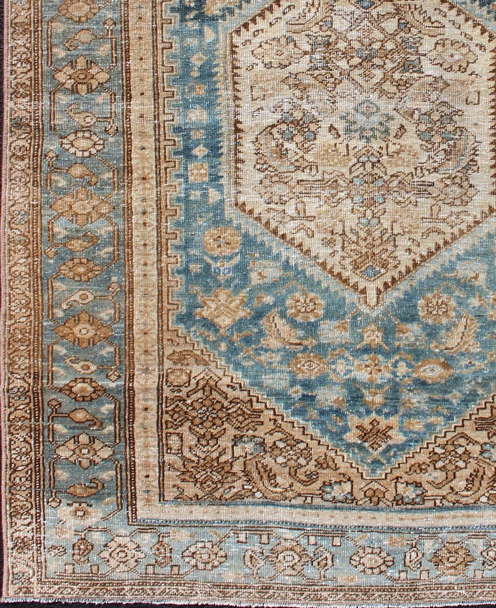Hamedan Persian small antique rug with multi layered medallion and geometric motifs in blue, brown and taupe, Hamedan Persian antique small rug with layered Medallions and geometric motifs in blue, brown, cream and taupe, rug sk - 7569, country ... - Keivan Woven ArtsSK - 7569 - 11145