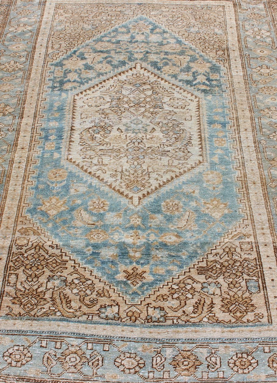 Hamedan Persian small antique rug with multi layered medallion and geometric motifs in blue, brown and taupe, Hamedan Persian antique small rug with layered Medallions and geometric motifs in blue, brown, cream and taupe, rug sk - 7569, country ... - Keivan Woven ArtsSK - 7569 - 11145
