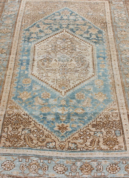 Hamedan Persian small antique rug with multi layered medallion and geometric motifs in blue, brown and taupe, Hamedan Persian antique small rug with layered Medallions and geometric motifs in blue, brown, cream and taupe, rug sk - 7569, country ... - Keivan Woven ArtsSK - 7569 - 11145