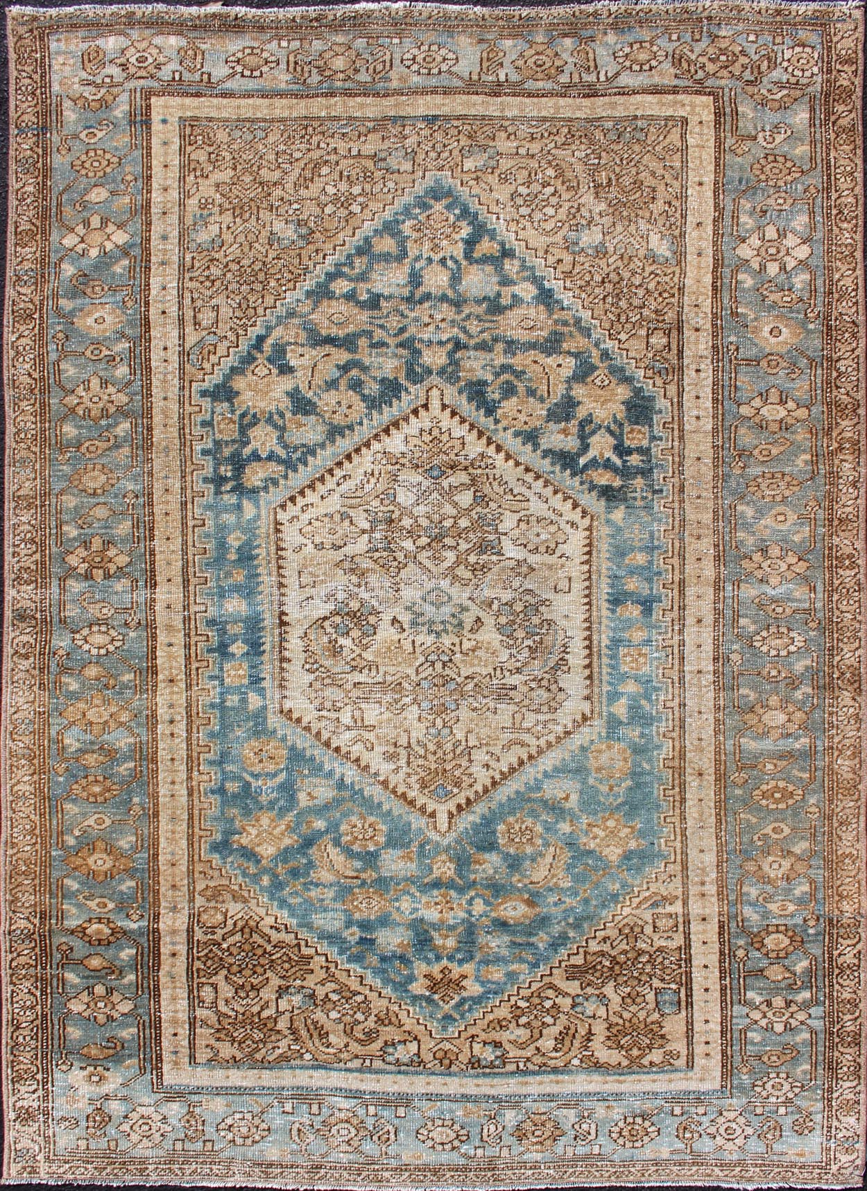 Hamedan Persian small antique rug with multi layered medallion and geometric motifs in blue, brown and taupe, Hamedan Persian antique small rug with layered Medallions and geometric motifs in blue, brown, cream and taupe, rug sk - 7569, country ... - Keivan Woven ArtsSK - 7569 - 11145