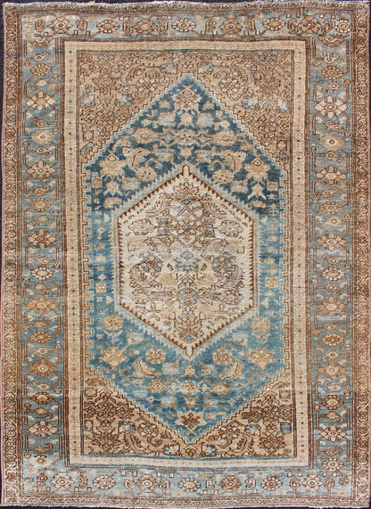 Hamedan Persian small antique rug with multi layered medallion and geometric motifs in blue, brown and taupe, Hamedan Persian antique small rug with layered Medallions and geometric motifs in blue, brown, cream and taupe, rug sk - 7569, country ... - Keivan Woven ArtsSK - 7569 - 11145