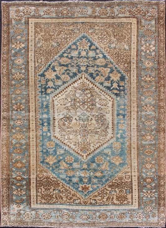 Hamedan Persian small antique rug with multi layered medallion and geometric motifs in blue, brown and taupe, Hamedan Persian antique small rug with layered Medallions and geometric motifs in blue, brown, cream and taupe, rug sk - 7569, country ... - Keivan Woven ArtsSK - 7569 - 11145