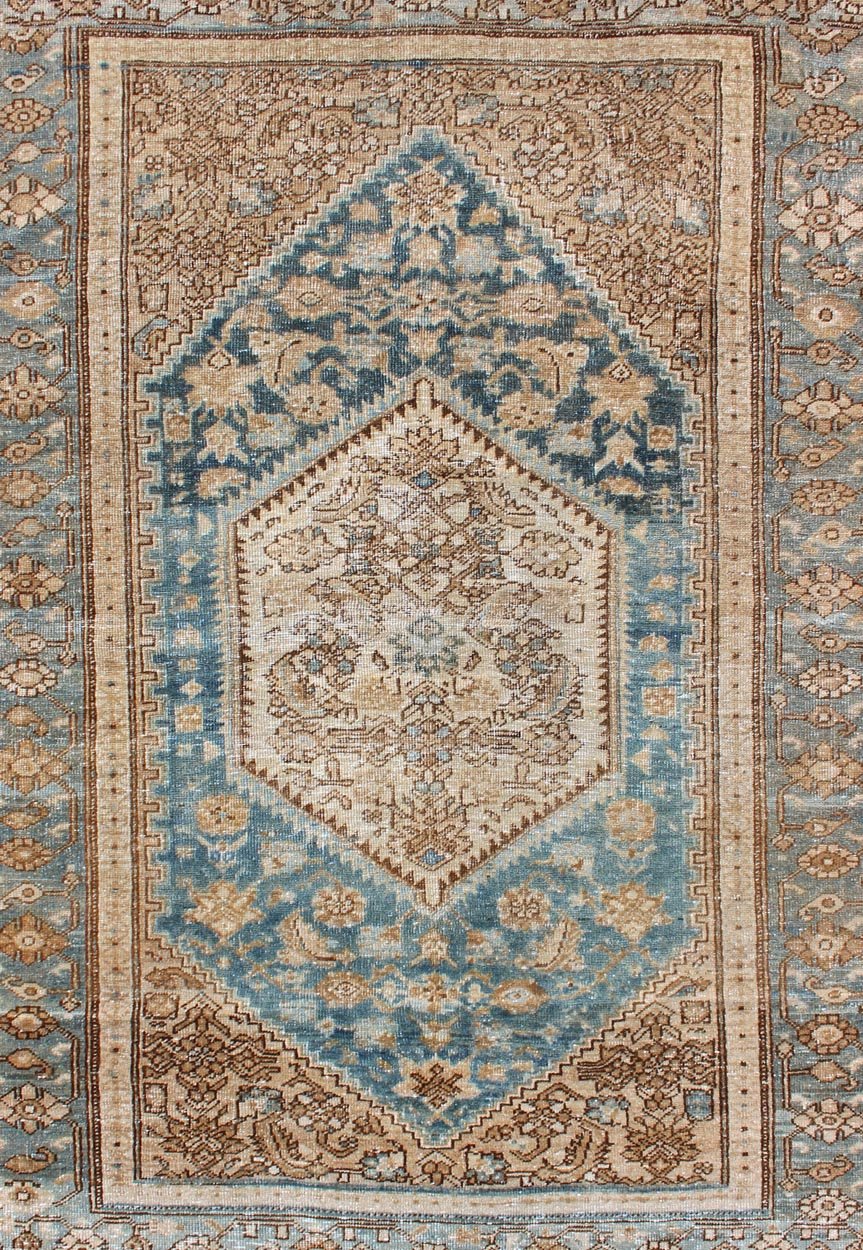 Hamedan Persian small antique rug with multi layered medallion and geometric motifs in blue, brown and taupe, Hamedan Persian antique small rug with layered Medallions and geometric motifs in blue, brown, cream and taupe, rug sk - 7569, country ... - Keivan Woven ArtsSK - 7569 - 11145