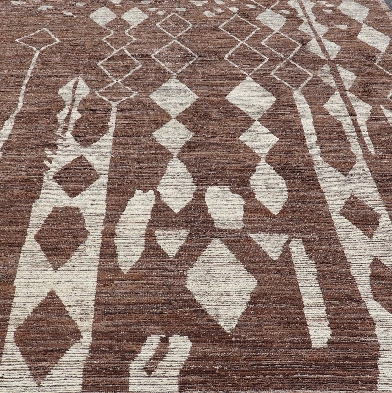 Modern Casual Afghan Tribal rug in Wool with Abstract Design in Browns and Ivory. Keivan Woven Arts; rug SNK - 1148 Country of Origin: Afghanistan Type: Modern Casual Design: Abstract, Sub - Geometric. Measures: 10'5 x 13'8 This attractive mo... - Keivan Woven ArtsSNK - 1148 - 21427Rug