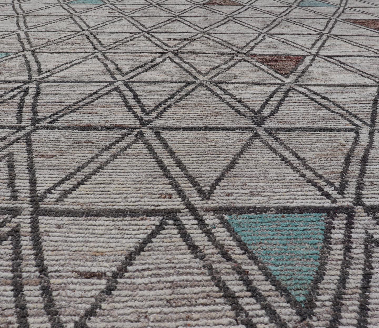 Large Moroccan Style Distressed Modern Rug in Diamond and Triangle Design. Modern Hand - Knotted Rug in Wool with All - Over Triangle Geometric Tribal Design in Off White, Brown, Light Teal and neutrals. Keivan Woven Arts; rug SNK - 1149, country of origin /... - Keivan Woven ArtsSNK - 1149 - 21433Rug