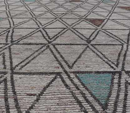 Large Moroccan Style Distressed Modern Rug in Diamond and Triangle Design. Modern Hand - Knotted Rug in Wool with All - Over Triangle Geometric Tribal Design in Off White, Brown, Light Teal and neutrals. Keivan Woven Arts; rug SNK - 1149, country of origin /... - Keivan Woven ArtsSNK - 1149 - 21433Rug