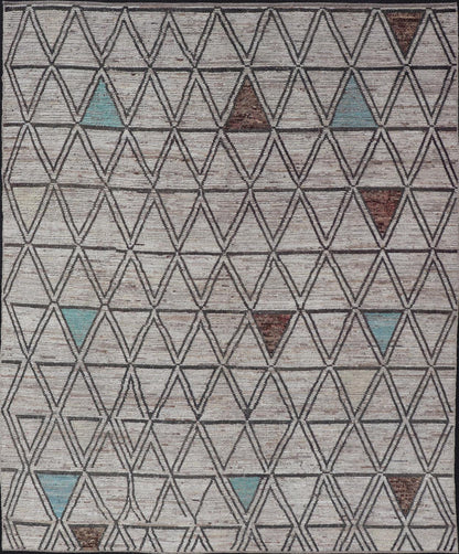 Large Moroccan Style Distressed Modern Rug in Diamond and Triangle Design. Modern Hand - Knotted Rug in Wool with All - Over Triangle Geometric Tribal Design in Off White, Brown, Light Teal and neutrals. Keivan Woven Arts; rug SNK - 1149, country of origin /... - Keivan Woven ArtsSNK - 1149 - 21433